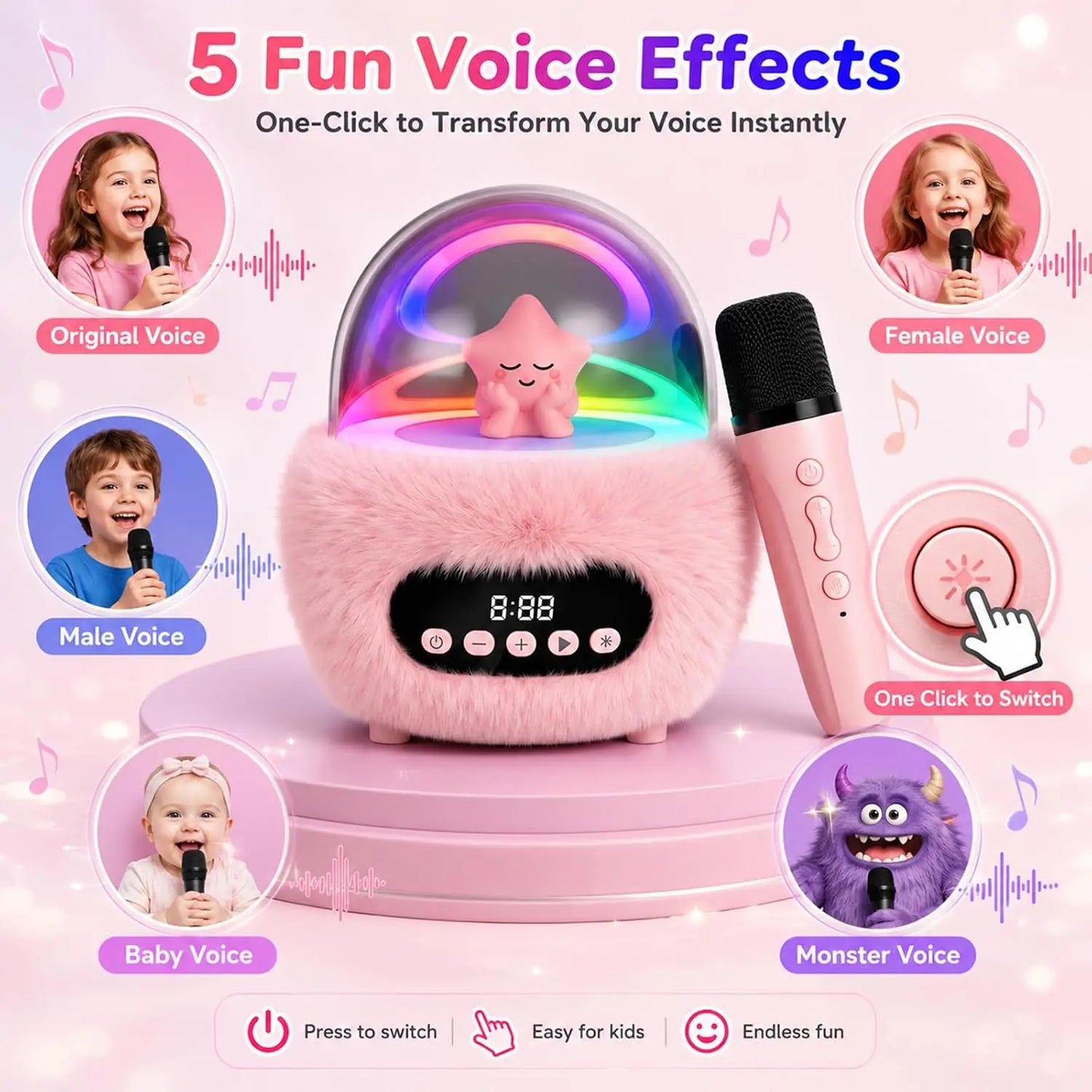 BEBANG Mini Karaokemachine for 3+ to 8–10 Years Old Girls, Portable Bluetooth Speaker with 2 Wireless Microphones, Built-In Lithium Ion Batteries, Multifunction Bluetooth Play, Fashion Toy Gift for Christmas/Birthday