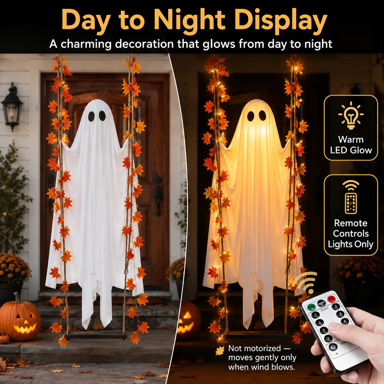 LED Light-Up Swinging Ghost Halloween Holiday Decoration with Maple Leaf Garland, Remote Control - Hanging Outdoor Decor for Yard, Porch, Party, Festive Lighting