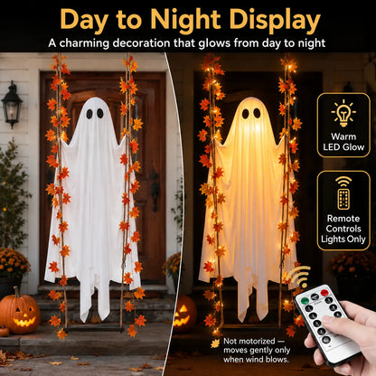 LED Light-Up Swinging Ghost Halloween Holiday Decoration with Maple Leaf Garland, Remote Control - Hanging Outdoor Decor for Yard, Porch, Party, Festive Lighting