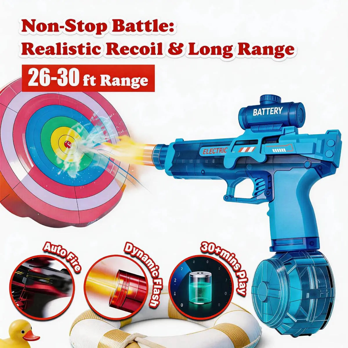 Kids' Rechargeable LED Electric Water Gun - Leak-Proof, Automatic Blasts, Spray Sound, 500Mah Cells, 25 Mins Battery Life, 26 Ft Range, 320Ml Capacity, Summer Outdoor Pool Toy, Automatic Water Blasts, Led Watergun