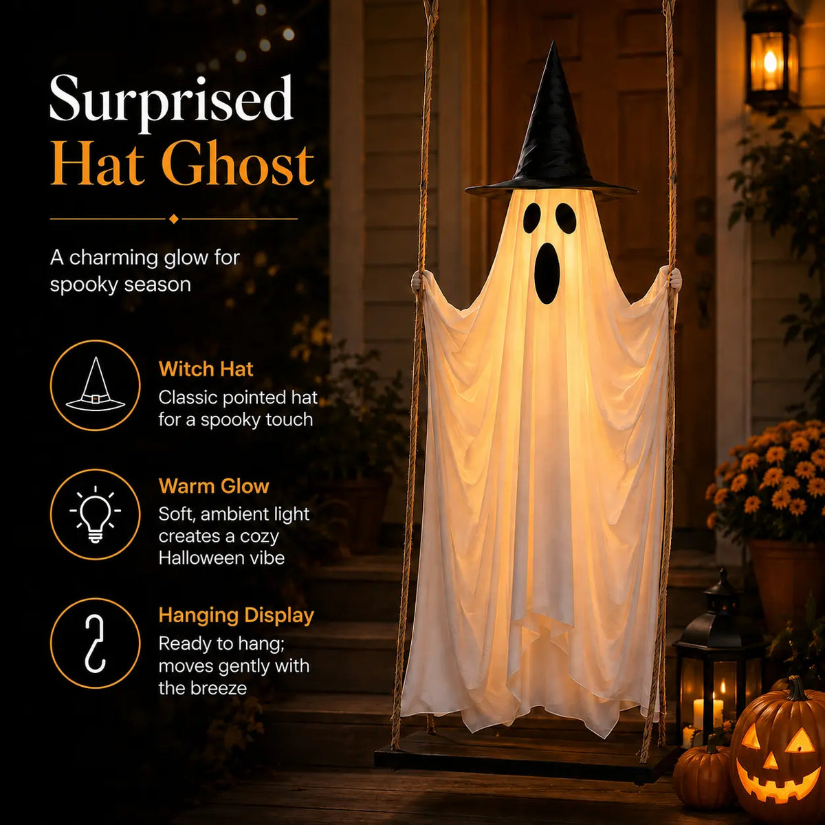LED Light-Up Swinging Ghost Halloween Holiday Decoration with Maple Leaf Garland, Remote Control - Hanging Outdoor Decor for Yard, Porch, Party, Festive Lighting