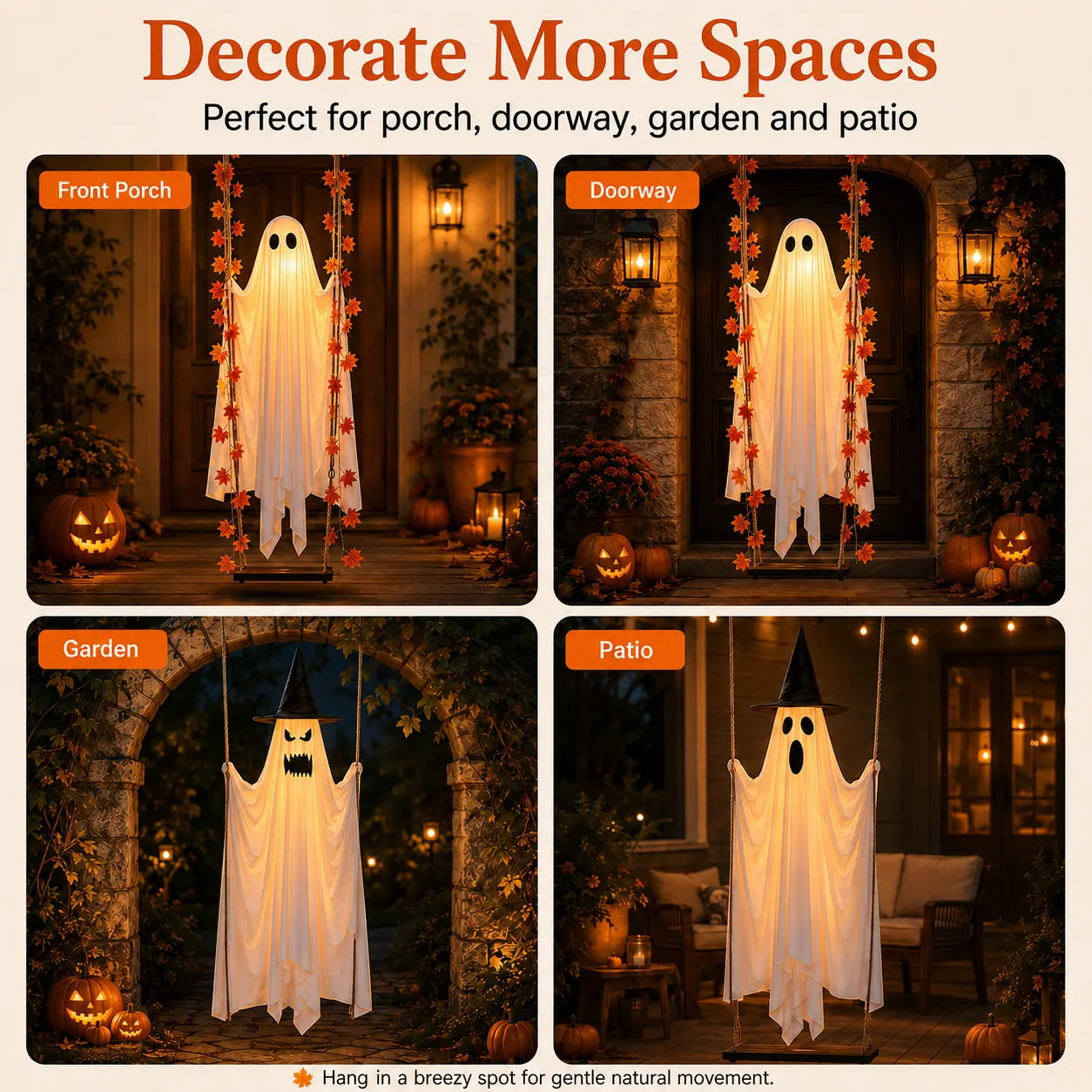 LED Light-Up Swinging Ghost Halloween Holiday Decoration with Maple Leaf Garland, Remote Control - Hanging Outdoor Decor for Yard, Porch, Party, Festive Lighting