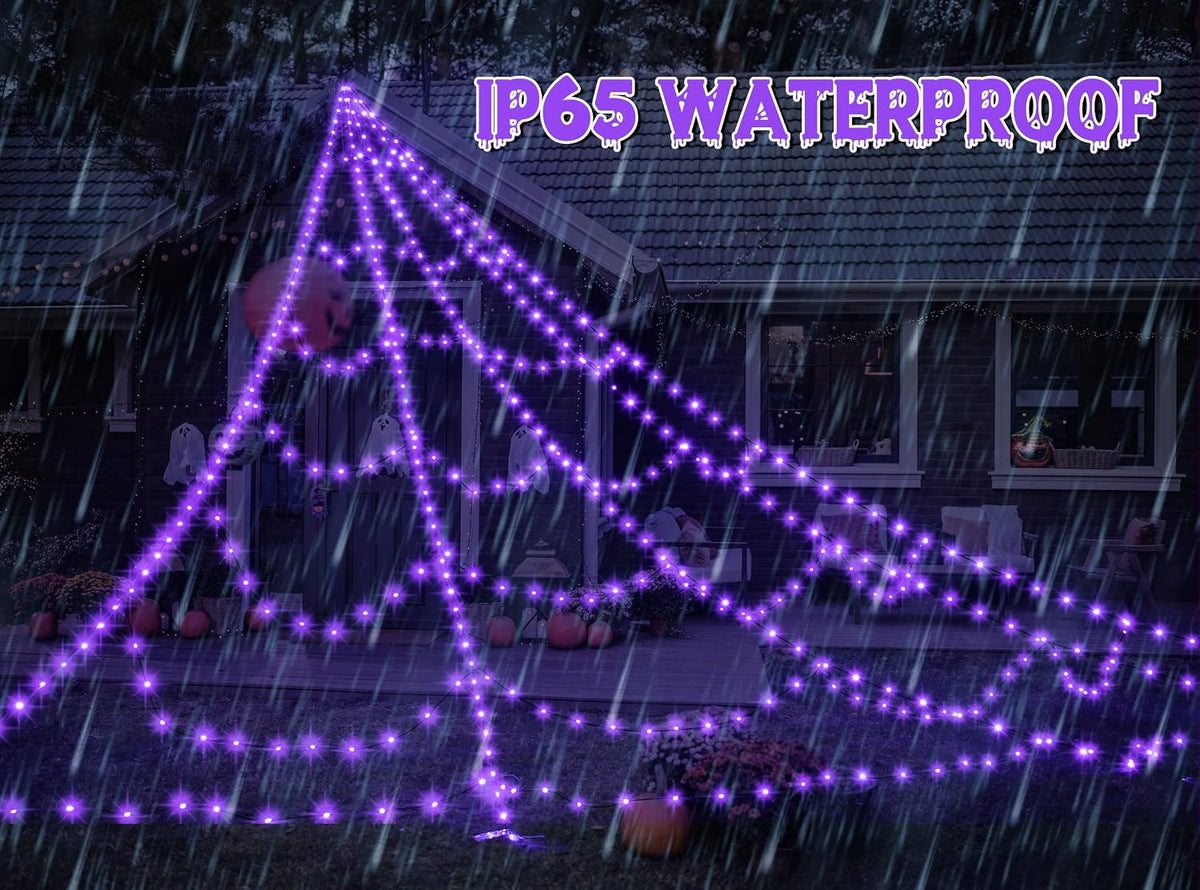 Spider Web Lights for Halloween Decorations Outdoor - 616 Leds, 8 Lighting Modes, 16.4 Ft Light up Giant Spider Webs (Purple)