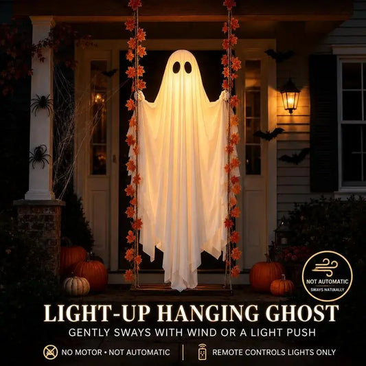 LED Light-Up Swinging Ghost Halloween Decoration with Maple Leaf Garland & Remote Control, Hanging Outdoor Decor for Yd, Porch & Party, Halloween Decorations Outdoor, Party Lighting Decoration
