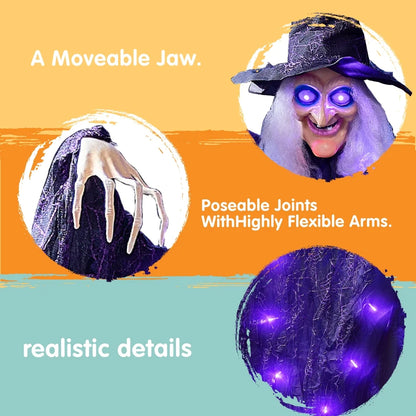 6Ft Halloween Witch Decoration,Outdoor Scary Halloween Animatronic Hanging Witch with Light up Eyes and Sound Decoration for Halloween Outdoor