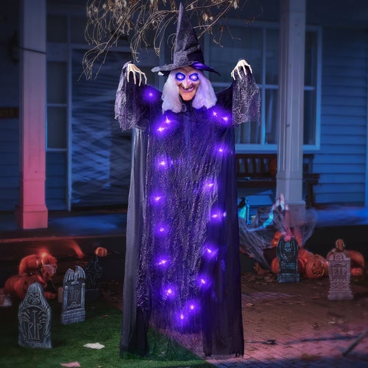 6Ft Halloween Witch Decoration,Outdoor Scary Halloween Animatronic Hanging Witch with Light up Eyes and Sound Decoration for Halloween Outdoor