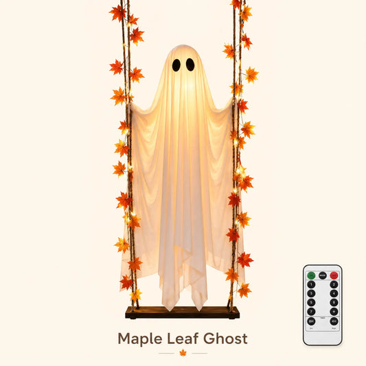 LED Light-Up Swinging Ghost Halloween Holiday Decoration with Maple Leaf Garland, Remote Control - Hanging Outdoor Decor for Yard, Porch, Party, Festive Lighting