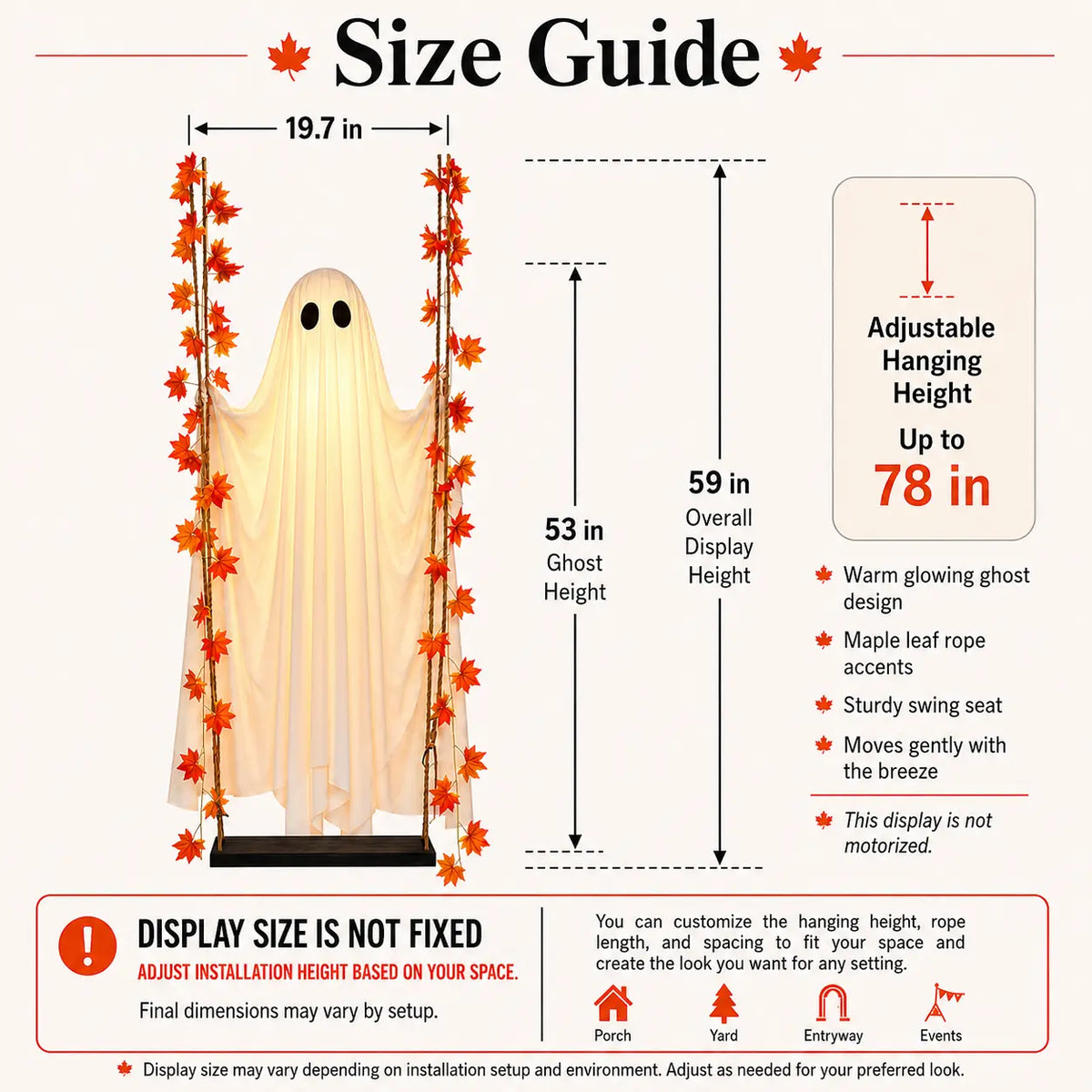 LED Light-Up Swinging Ghost Halloween Holiday Decoration with Maple Leaf Garland, Remote Control - Hanging Outdoor Decor for Yard, Porch, Party, Festive Lighting