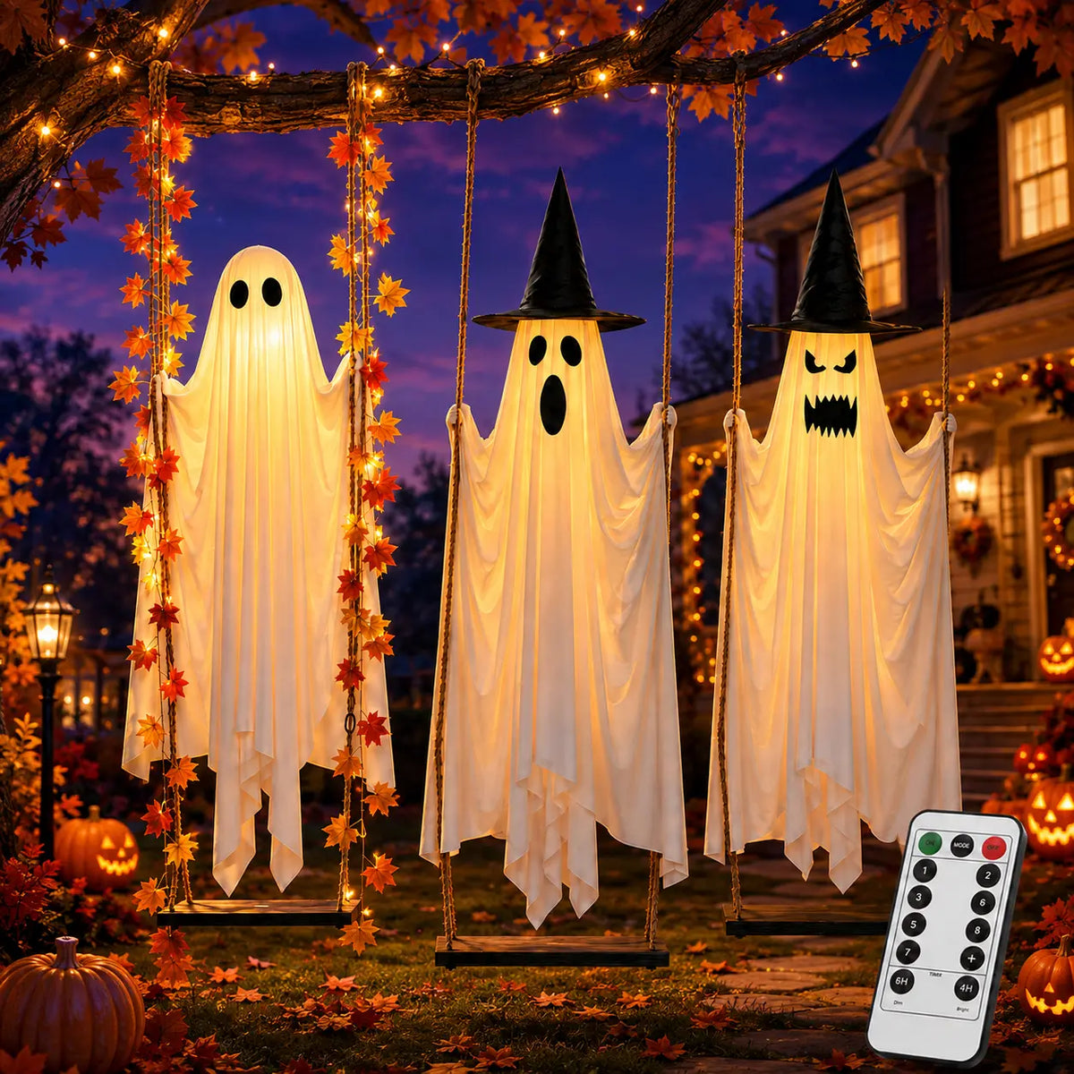 LED Light-Up Swinging Ghost Halloween Holiday Decoration with Maple Leaf Garland, Remote Control - Hanging Outdoor Decor for Yard, Porch, Party, Festive Lighting