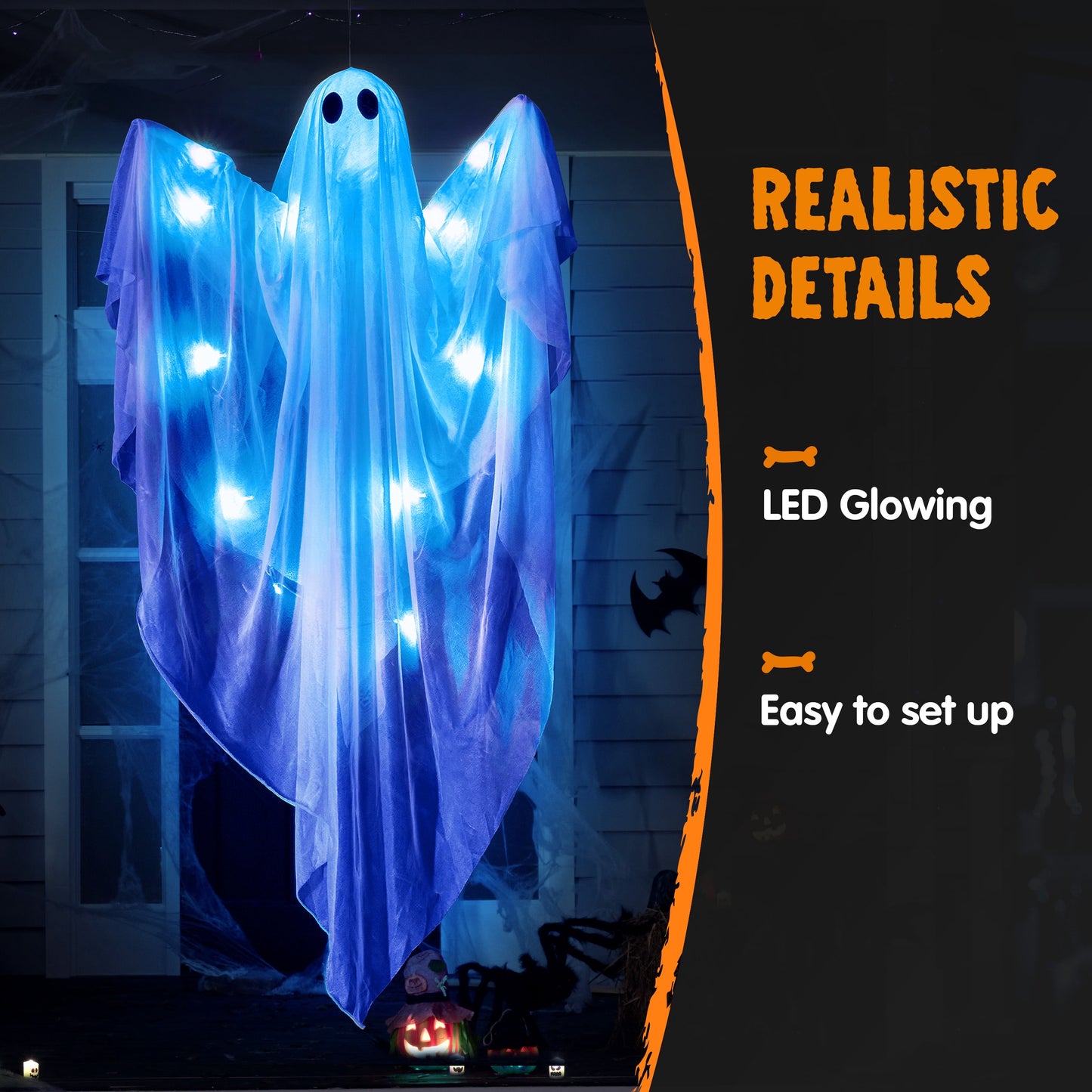 47" Halloween Hanging Light up Ghost Decorations Outdoor,White Ghosts with Blue LED Light and Timer Halloween Hanging Decoration Waterproof for Front Yard Patio Lawn