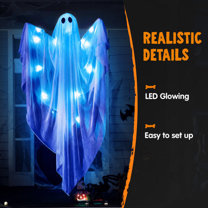 47" Halloween Hanging Light up Ghost Decorations Outdoor,White Ghosts with Blue LED Light and Timer Halloween Hanging Decoration Waterproof for Front Yard Patio Lawn