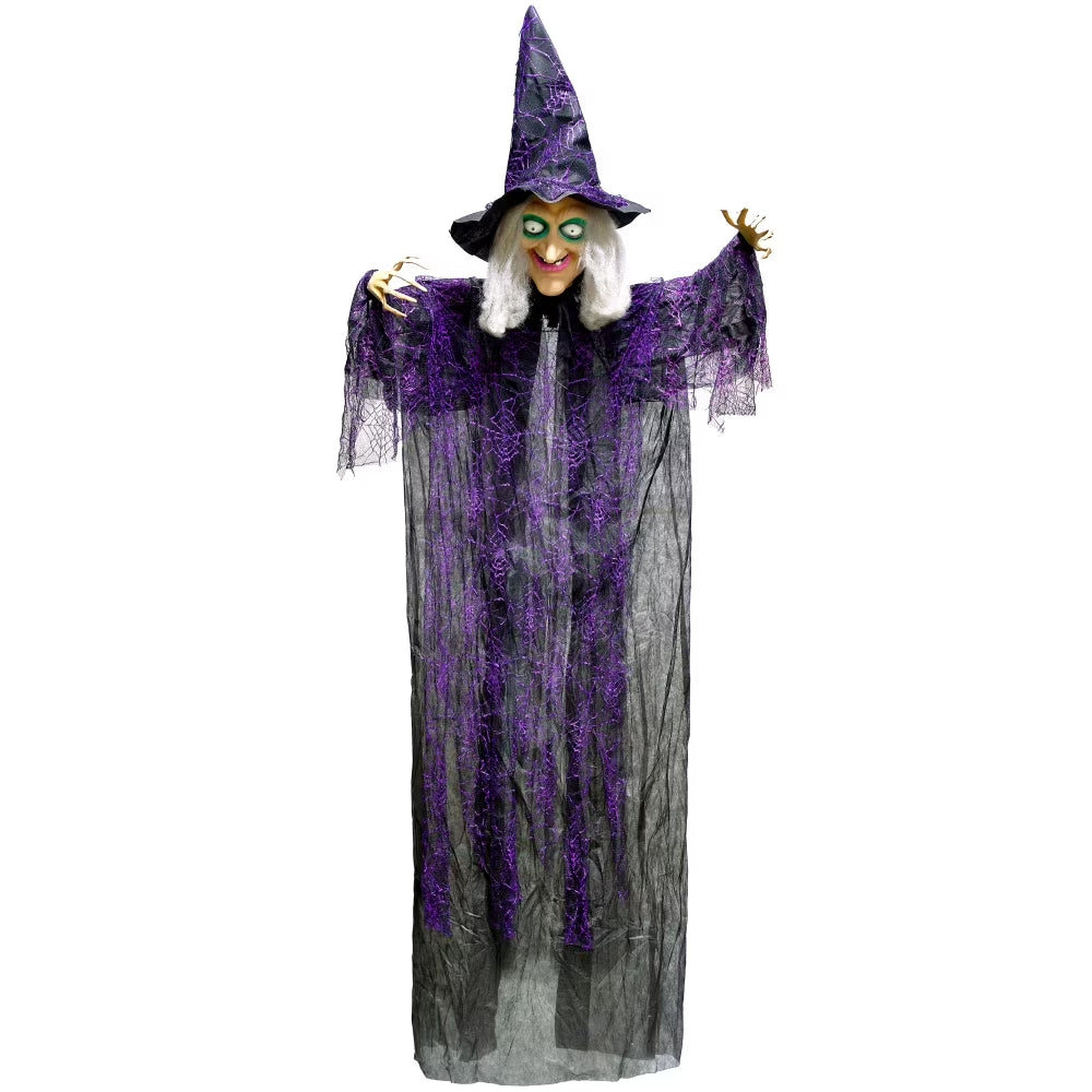 6Ft Halloween Witch Decoration,Outdoor Scary Halloween Animatronic Hanging Witch with Light up Eyes and Sound Decoration for Halloween Outdoor