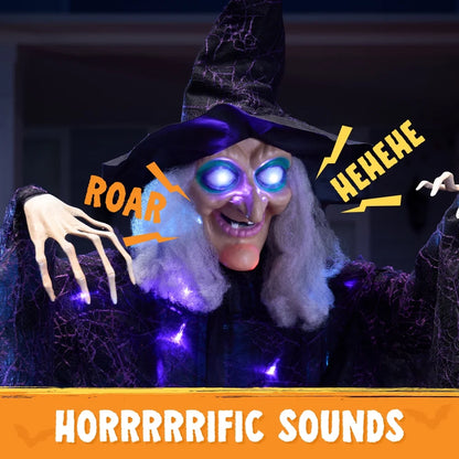 6Ft Halloween Witch Decoration,Outdoor Scary Halloween Animatronic Hanging Witch with Light up Eyes and Sound Decoration for Halloween Outdoor