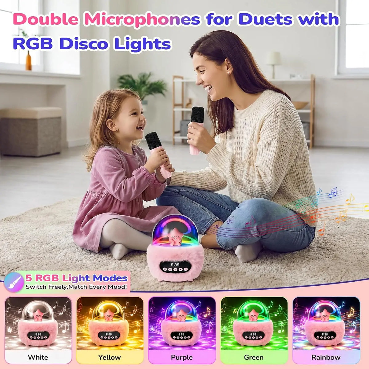 BEBANG Mini Karaokemachine for 3+ to 8–10 Years Old Girls, Portable Bluetooth Speaker with 2 Wireless Microphones, Built-In Lithium Ion Batteries, Multifunction Bluetooth Play, Fashion Toy Gift for Christmas/Birthday