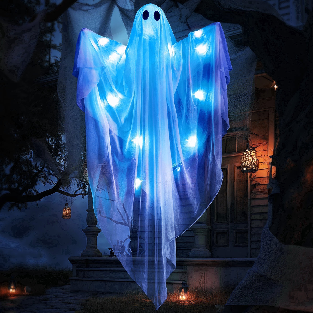 47" Halloween Hanging Light up Ghost Decorations Outdoor,White Ghosts with Blue LED Light and Timer Halloween Hanging Decoration Waterproof for Front Yard Patio Lawn