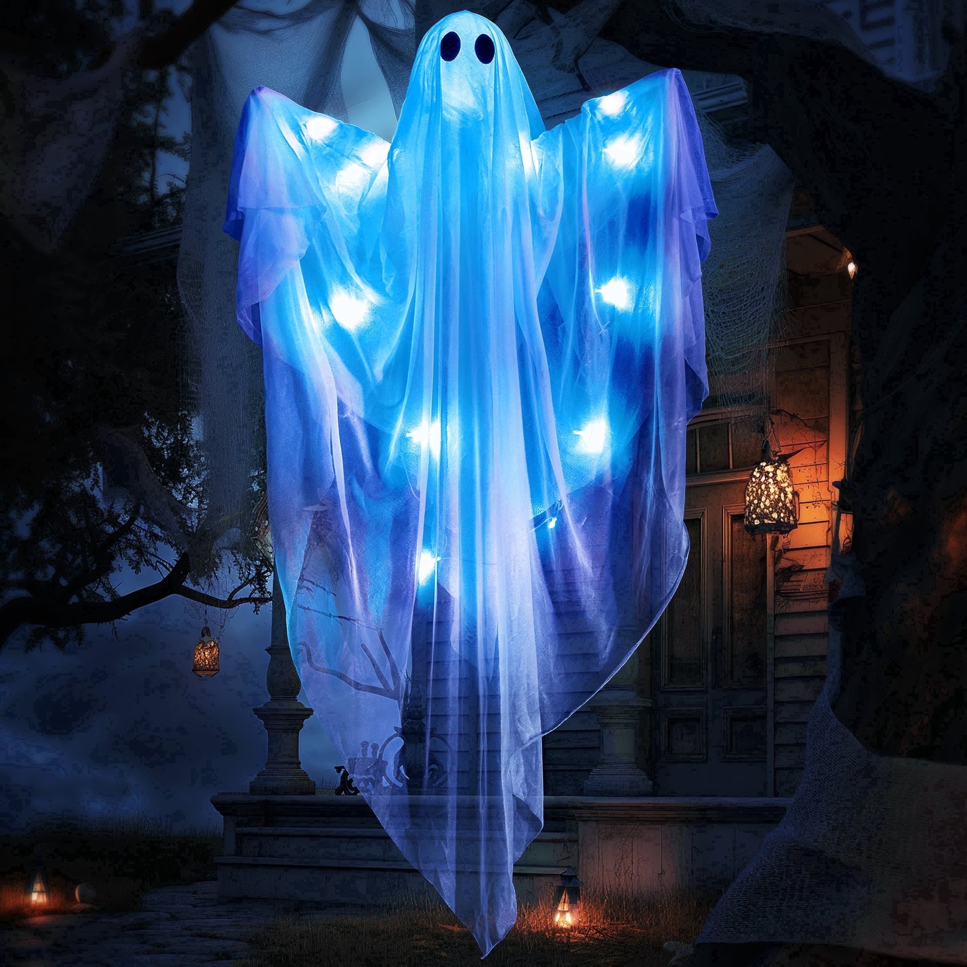 47" Halloween Hanging Light up Ghost Decorations Outdoor,White Ghosts with Blue LED Light and Timer Halloween Hanging Decoration Waterproof for Front Yard Patio Lawn