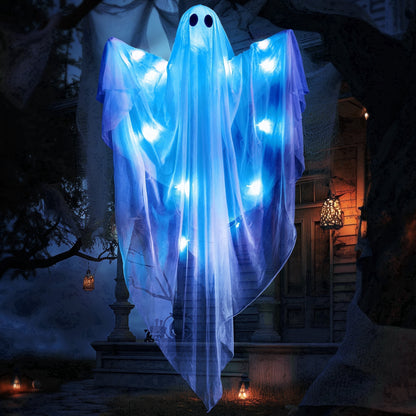 47" Halloween Hanging Light up Ghost Decorations Outdoor,White Ghosts with Blue LED Light and Timer Halloween Hanging Decoration Waterproof for Front Yard Patio Lawn