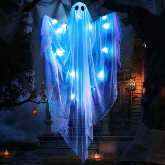 47" Halloween Hanging Light up Ghost Decorations Outdoor,White Ghosts with Blue LED Light and Timer Halloween Hanging Decoration Waterproof for Front Yard Patio Lawn