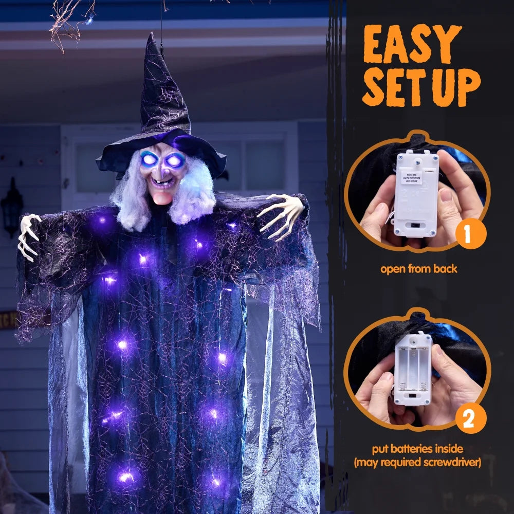 6Ft Halloween Witch Decoration,Outdoor Scary Halloween Animatronic Hanging Witch with Light up Eyes and Sound Decoration for Halloween Outdoor