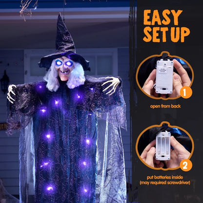 6Ft Halloween Witch Decoration,Outdoor Scary Halloween Animatronic Hanging Witch with Light up Eyes and Sound Decoration for Halloween Outdoor