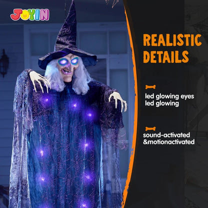6Ft Halloween Witch Decoration,Outdoor Scary Halloween Animatronic Hanging Witch with Light up Eyes and Sound Decoration for Halloween Outdoor