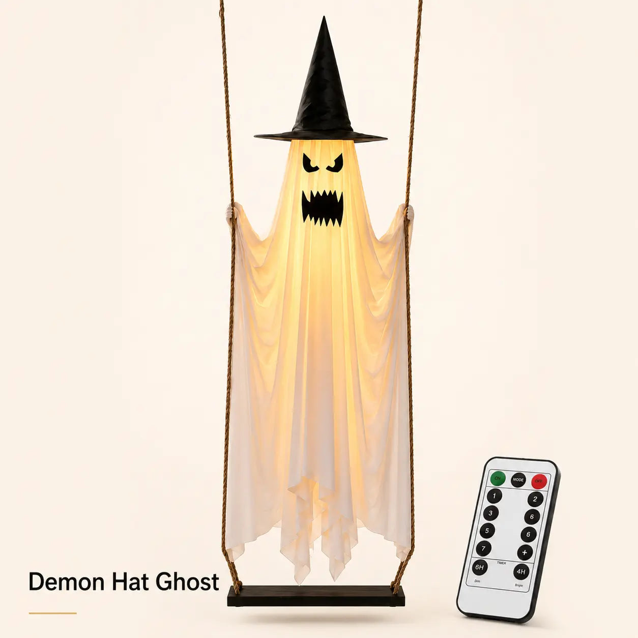 LED Light-Up Swinging Ghost Halloween Holiday Decoration with Maple Leaf Garland, Remote Control - Hanging Outdoor Decor for Yard, Porch, Party, Festive Lighting