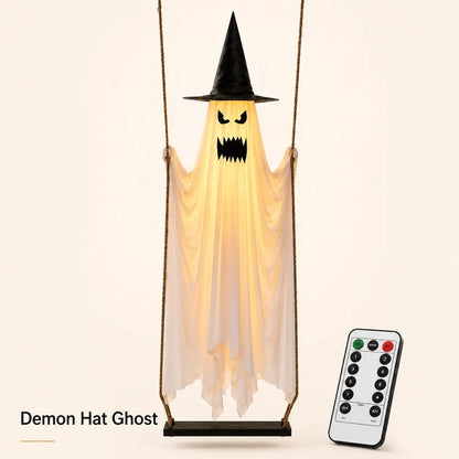 LED Light-Up Swinging Ghost Halloween Holiday Decoration with Maple Leaf Garland, Remote Control - Hanging Outdoor Decor for Yard, Porch, Party, Festive Lighting