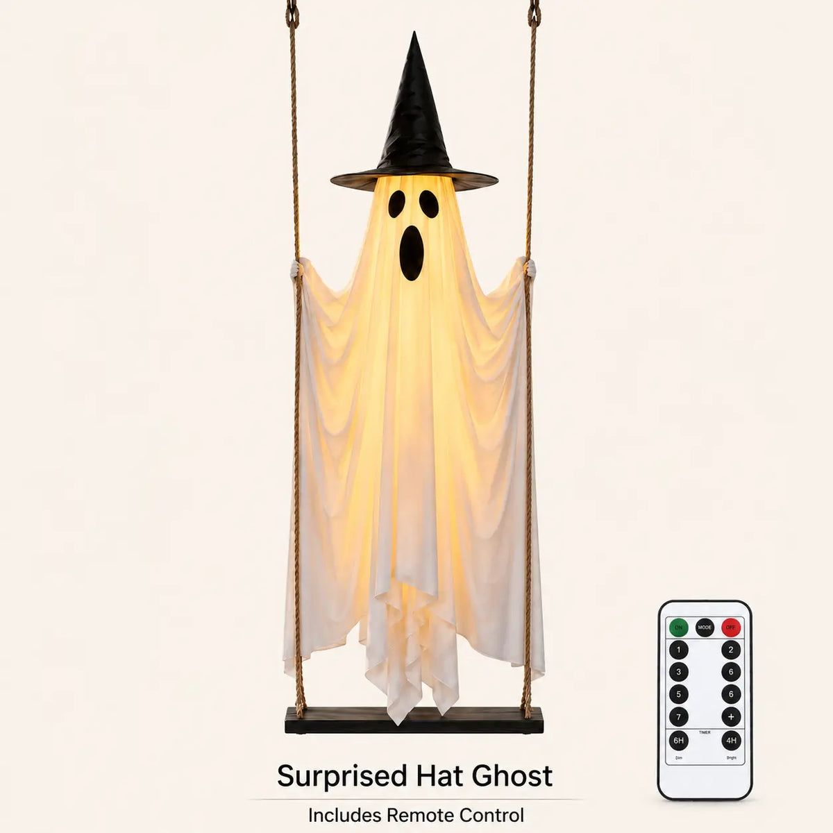 LED Light-Up Swinging Ghost Halloween Holiday Decoration with Maple Leaf Garland, Remote Control - Hanging Outdoor Decor for Yard, Porch, Party, Festive Lighting