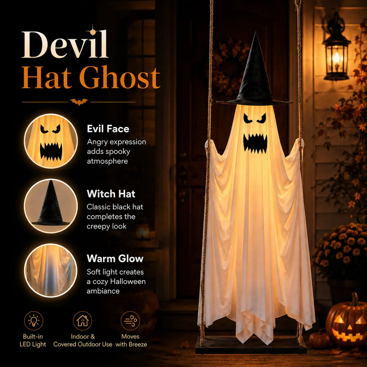 LED Light-Up Swinging Ghost Halloween Holiday Decoration with Maple Leaf Garland, Remote Control - Hanging Outdoor Decor for Yard, Porch, Party, Festive Lighting