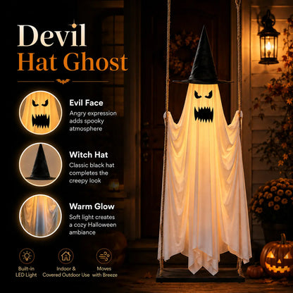 LED Light-Up Swinging Ghost Halloween Holiday Decoration with Maple Leaf Garland, Remote Control - Hanging Outdoor Decor for Yard, Porch, Party, Festive Lighting