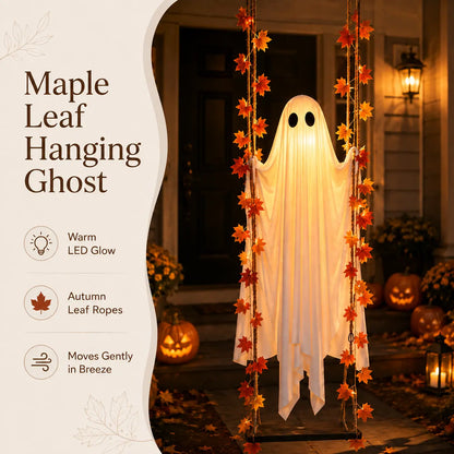 LED Light-Up Swinging Ghost Halloween Holiday Decoration with Maple Leaf Garland, Remote Control - Hanging Outdoor Decor for Yard, Porch, Party, Festive Lighting