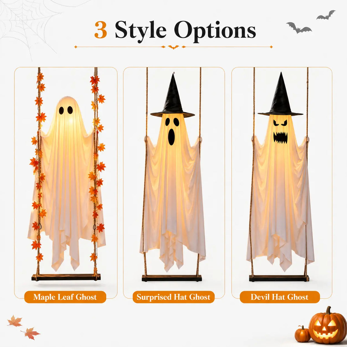 LED Light-Up Swinging Ghost Halloween Holiday Decoration with Maple Leaf Garland, Remote Control - Hanging Outdoor Decor for Yard, Porch, Party, Festive Lighting