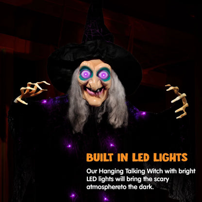 6Ft Halloween Witch Decoration,Outdoor Scary Halloween Animatronic Hanging Witch with Light up Eyes and Sound Decoration for Halloween Outdoor