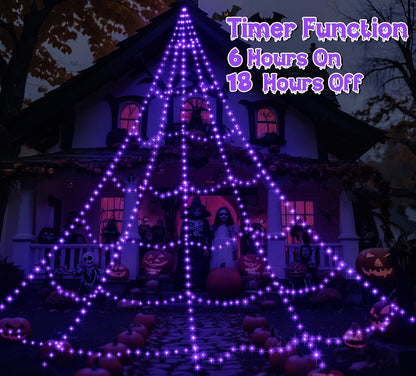 Spider Web Lights for Halloween Decorations Outdoor - 616 Leds, 8 Lighting Modes, 16.4 Ft Light up Giant Spider Webs (Purple)