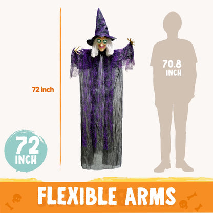 6Ft Halloween Witch Decoration,Outdoor Scary Halloween Animatronic Hanging Witch with Light up Eyes and Sound Decoration for Halloween Outdoor
