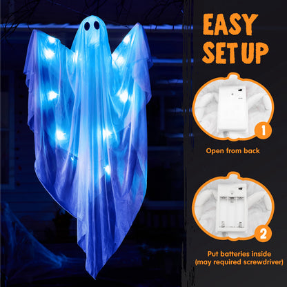 47" Halloween Hanging Light up Ghost Decorations Outdoor,White Ghosts with Blue LED Light and Timer Halloween Hanging Decoration Waterproof for Front Yard Patio Lawn