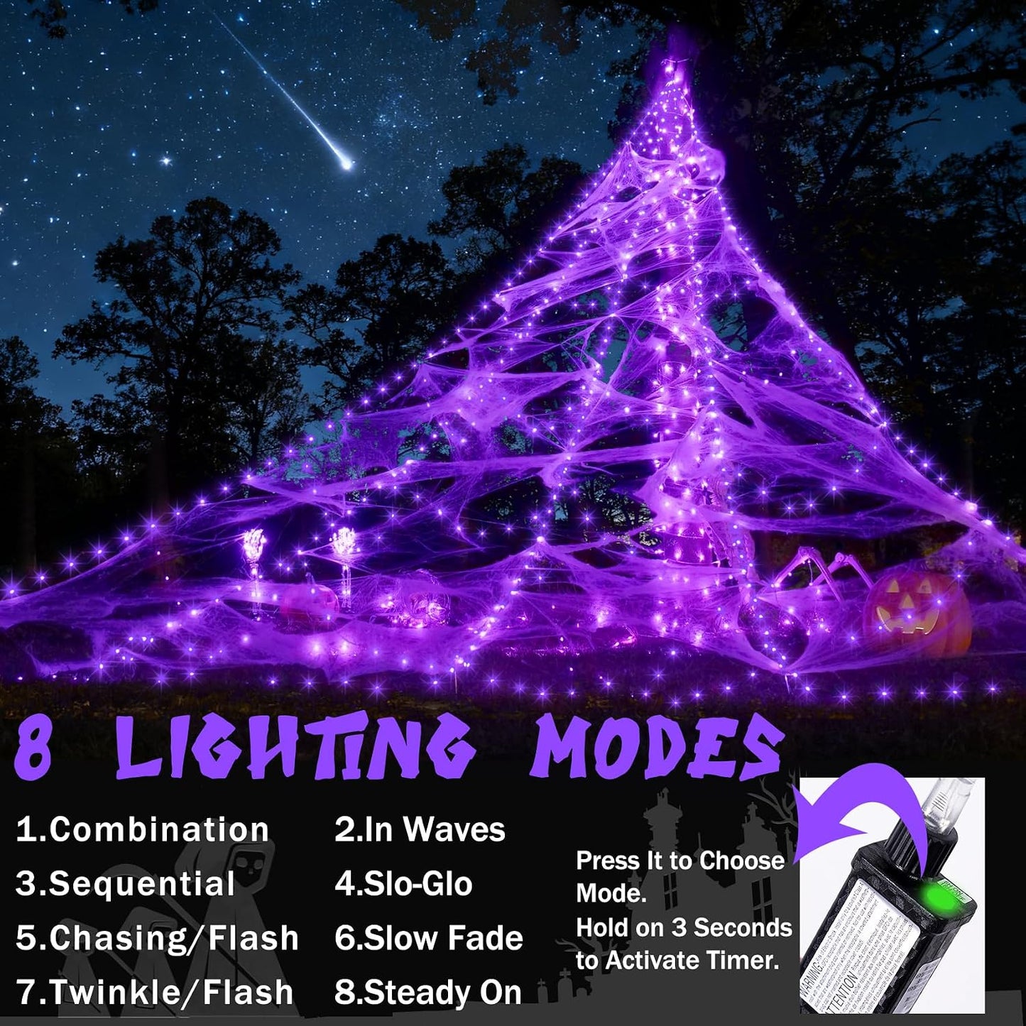 Spider Web Lights for Halloween Decorations Outdoor - 616 Leds, 8 Lighting Modes, 16.4 Ft Light up Giant Spider Webs (Purple)