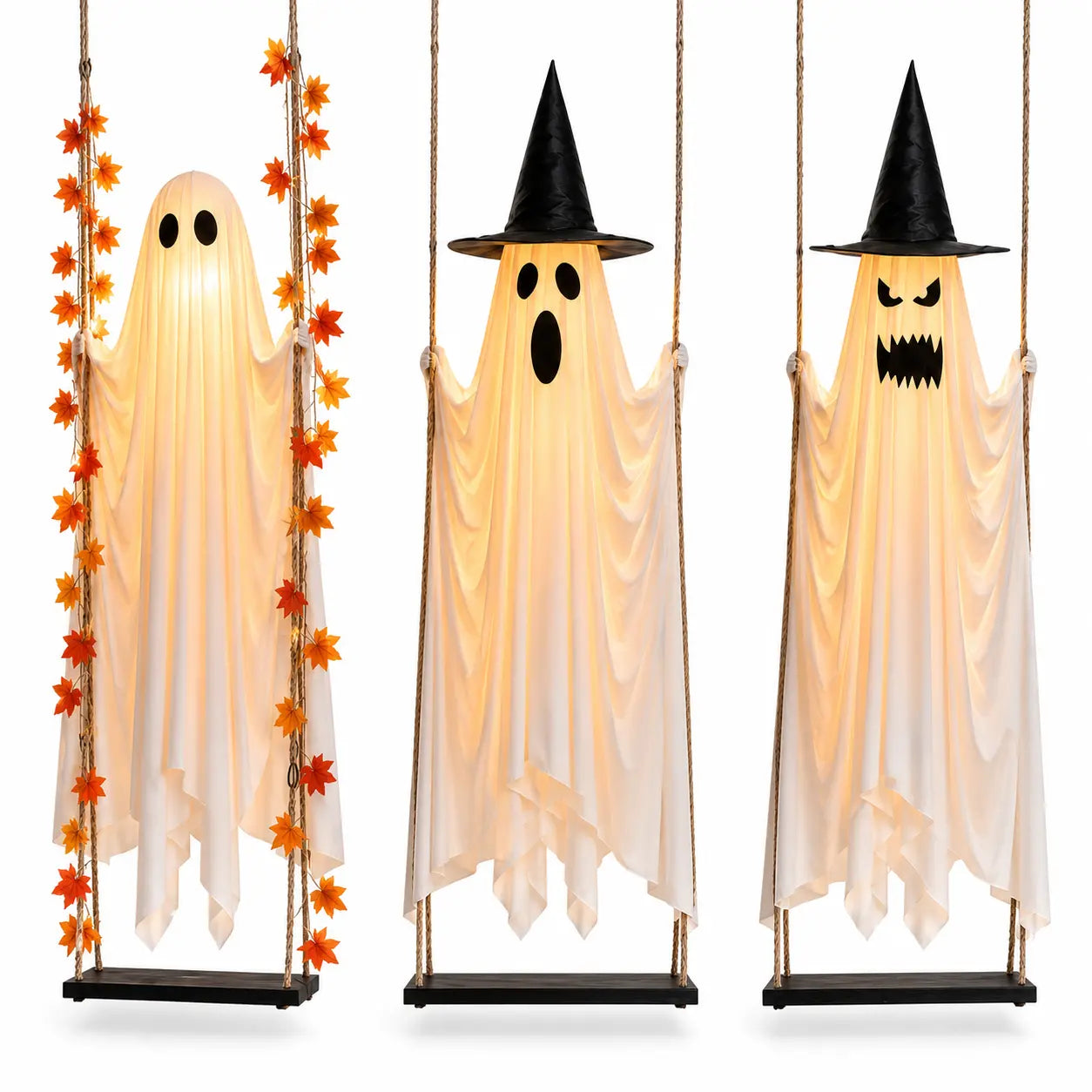 LED Light-Up Swinging Ghost Halloween Holiday Decoration with Maple Leaf Garland, Remote Control - Hanging Outdoor Decor for Yard, Porch, Party, Festive Lighting
