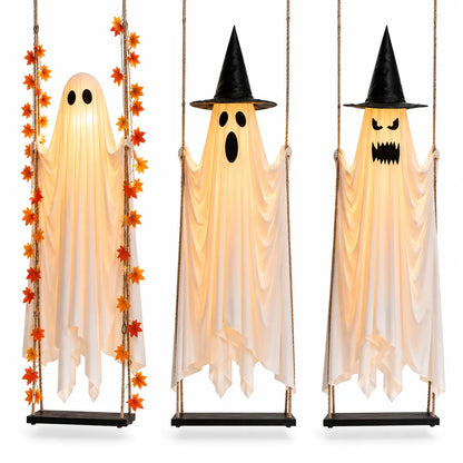 LED Light-Up Swinging Ghost Halloween Holiday Decoration with Maple Leaf Garland, Remote Control - Hanging Outdoor Decor for Yard, Porch, Party, Festive Lighting