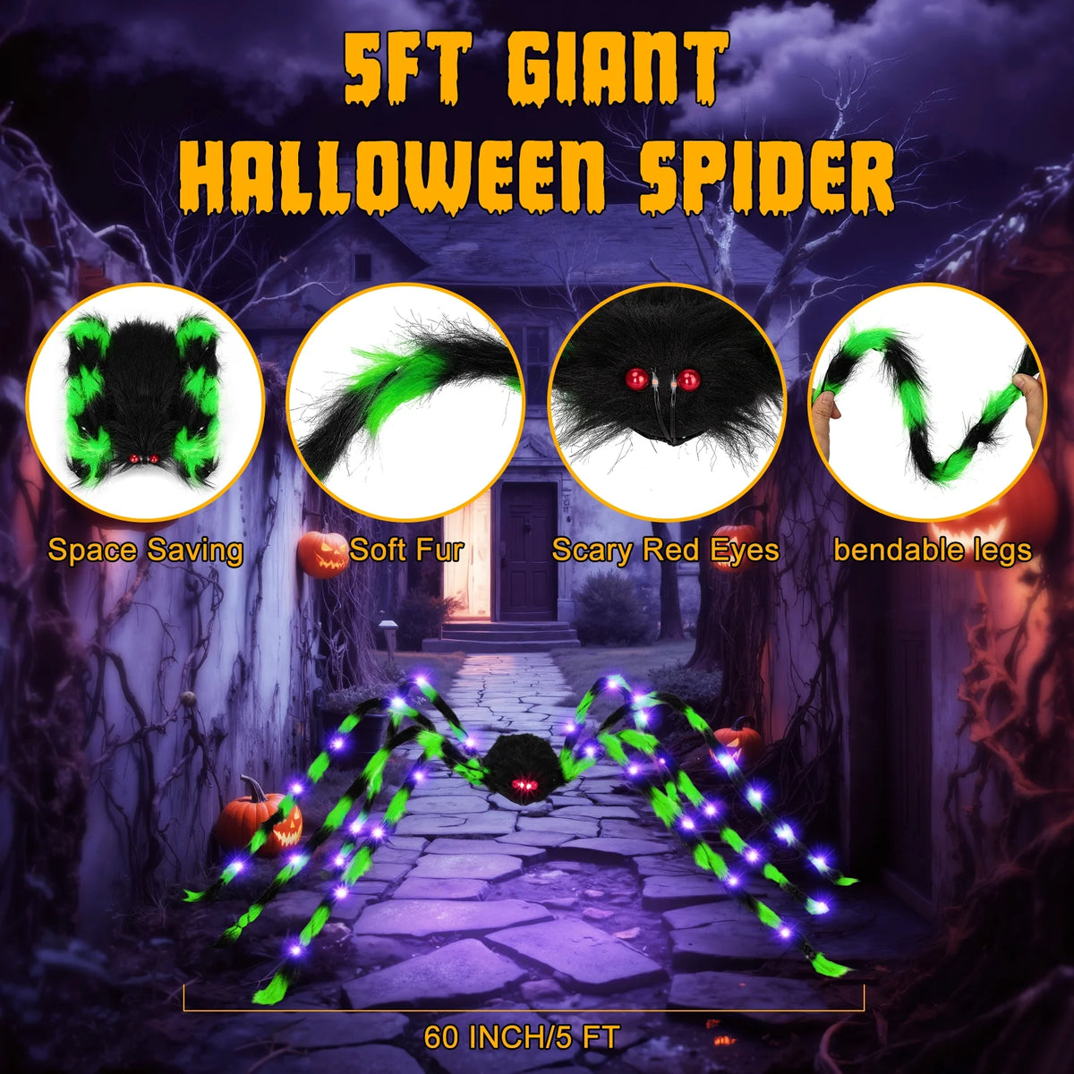 Halloween Decorations Outdoor, 5Ft Giant Spider Light up Spider, 2 Pack Scary Large Halloween Spider Decor for Home Party Favor Yard Decor