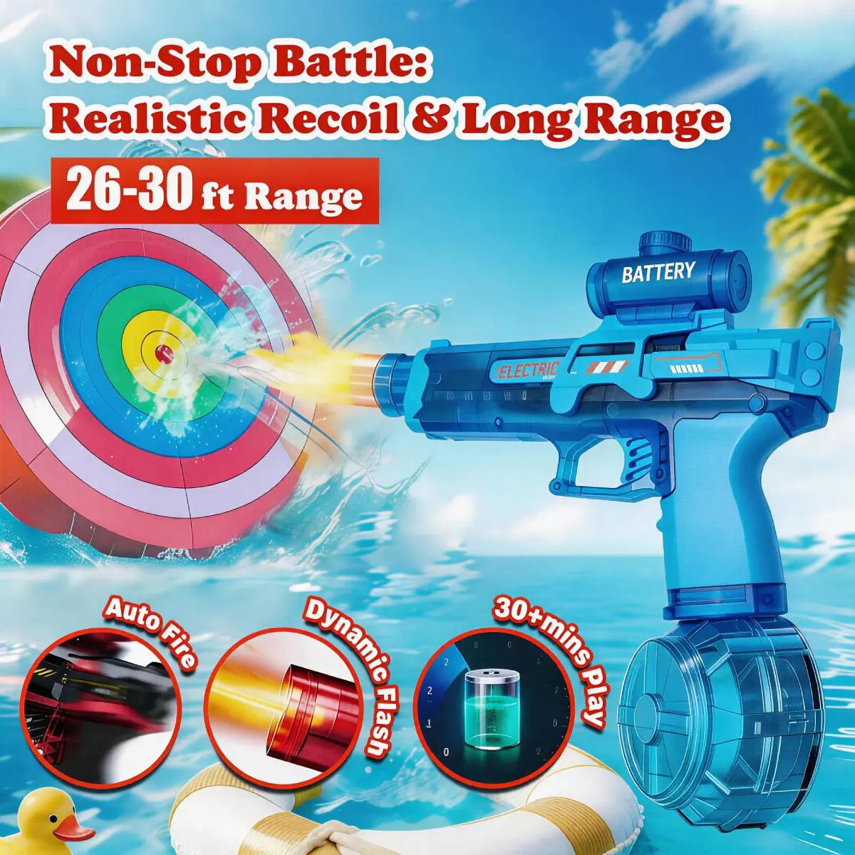 Kids' Rechargeable LED Electric Water Gun - Leak-Proof, Automatic Blasts, Spray Sound, 500Mah Cells, 25 Mins Battery Life, 26 Ft Range, 320Ml Capacity, Summer Outdoor Pool Toy, Automatic Water Blasts, Led Watergun